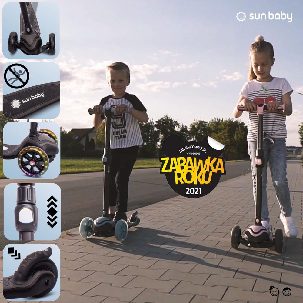 Niños usando el patinete SUN BABY al aire libre y detalles de seguridad