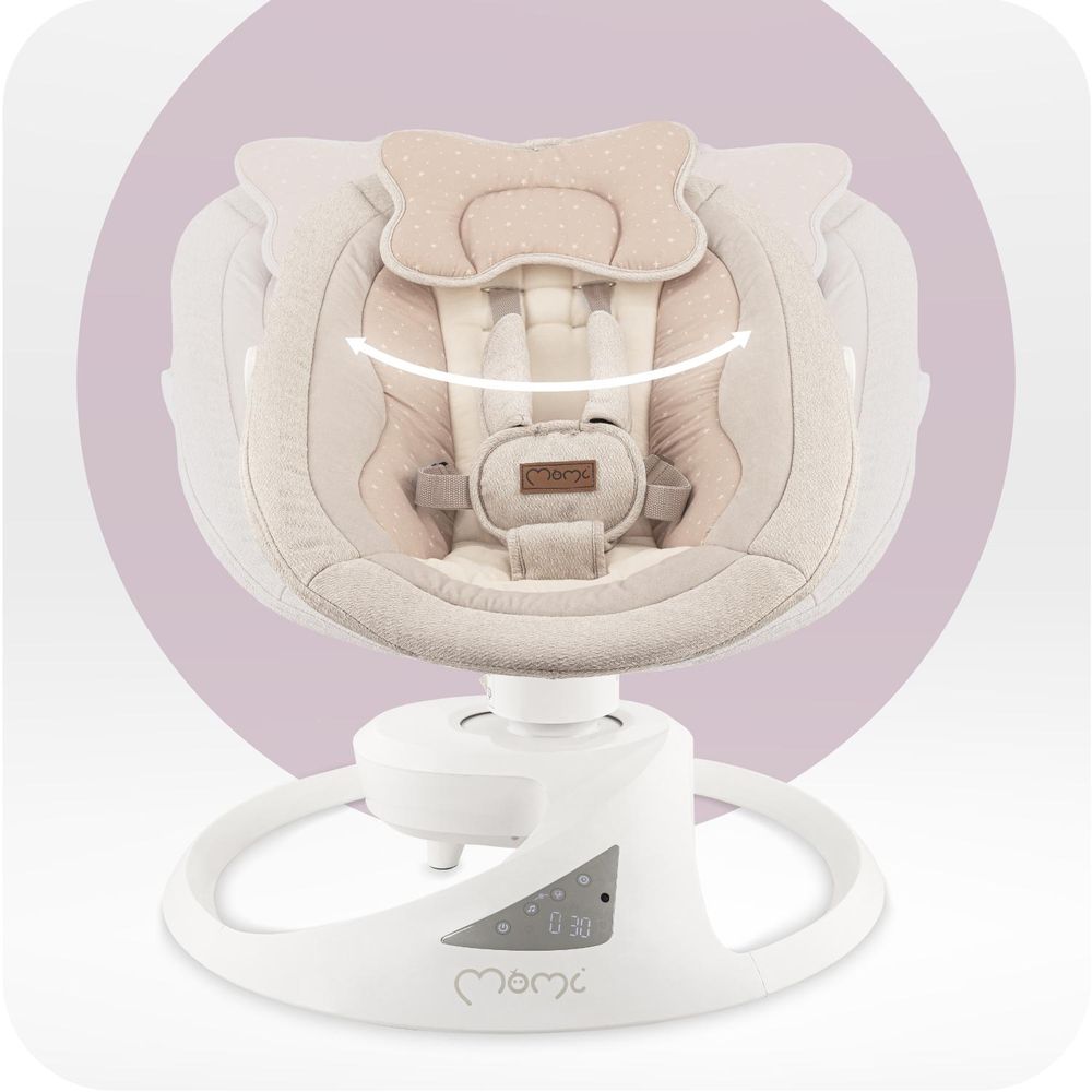 MoMi PEARL – Babywippe mit Bluetooth, 360° Sitzdrehung, 2 Modi, Nummern‑Panel – Beige