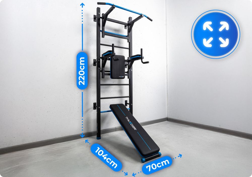THUNDER Sprossenwand Kraftstation mit Klimmzugstange Dip-Station und Trainingsbank bis 150 kg