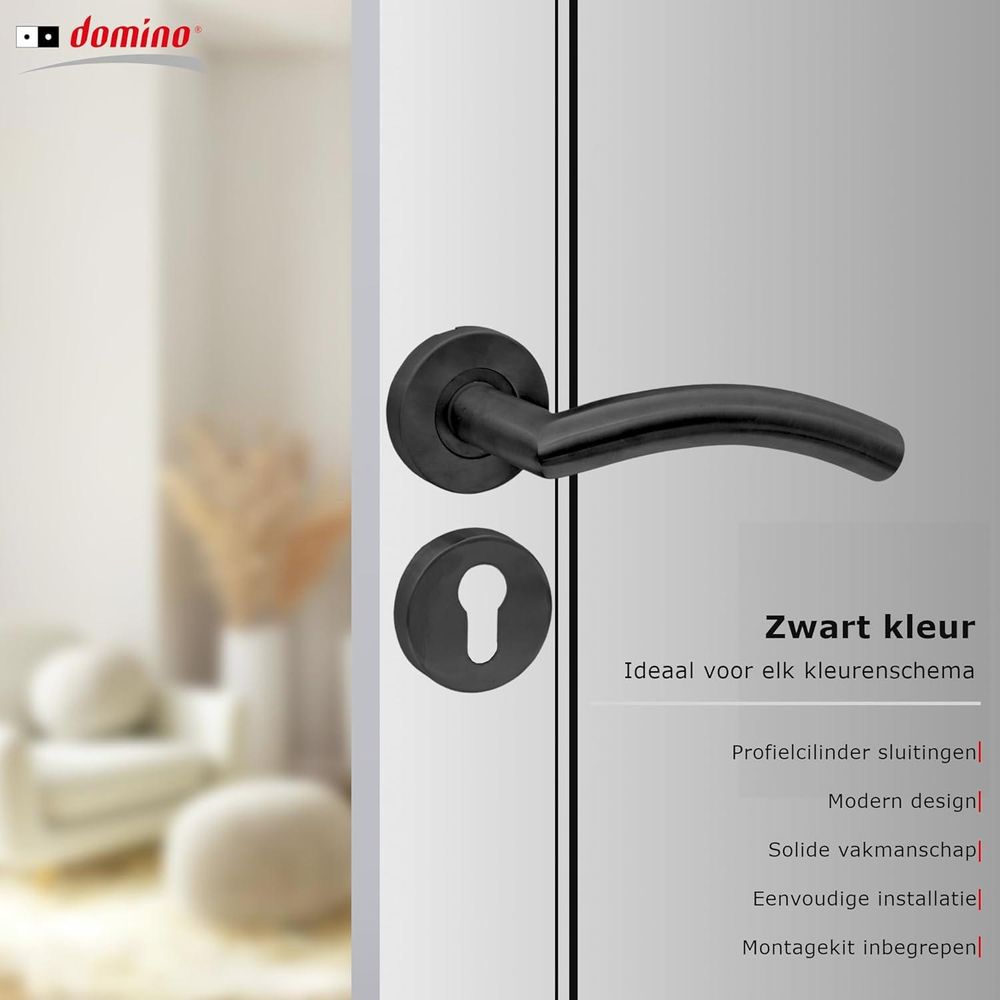 DOMINO Türgriff | PZ-Profilzylinder | Drückergarnitur für Zimmertüren Türdrücker-Set | Rosetten-Garnitur Türbeschläge | Runde Rosette | PRADO-R BLACK
