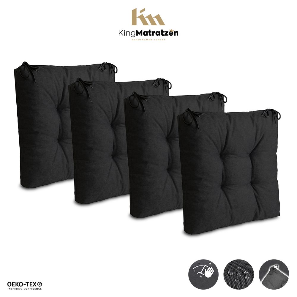 Sitzkissen 4er Set 40 x 40 cm Polster | Wasserdichtes Stuhlkissen mit Bindebänder: Schwarz