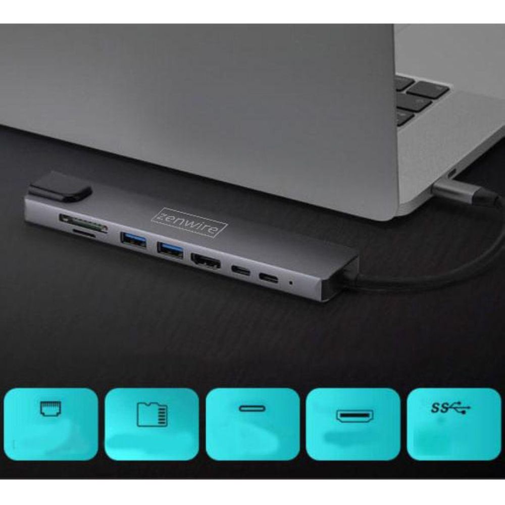 Adattatore - Hub USB-C 9 in 1 - HDMI - RJ-45 Fast Ethernet - SD - Power Delivery 3.0 - per Apple MacBook - per Andoid