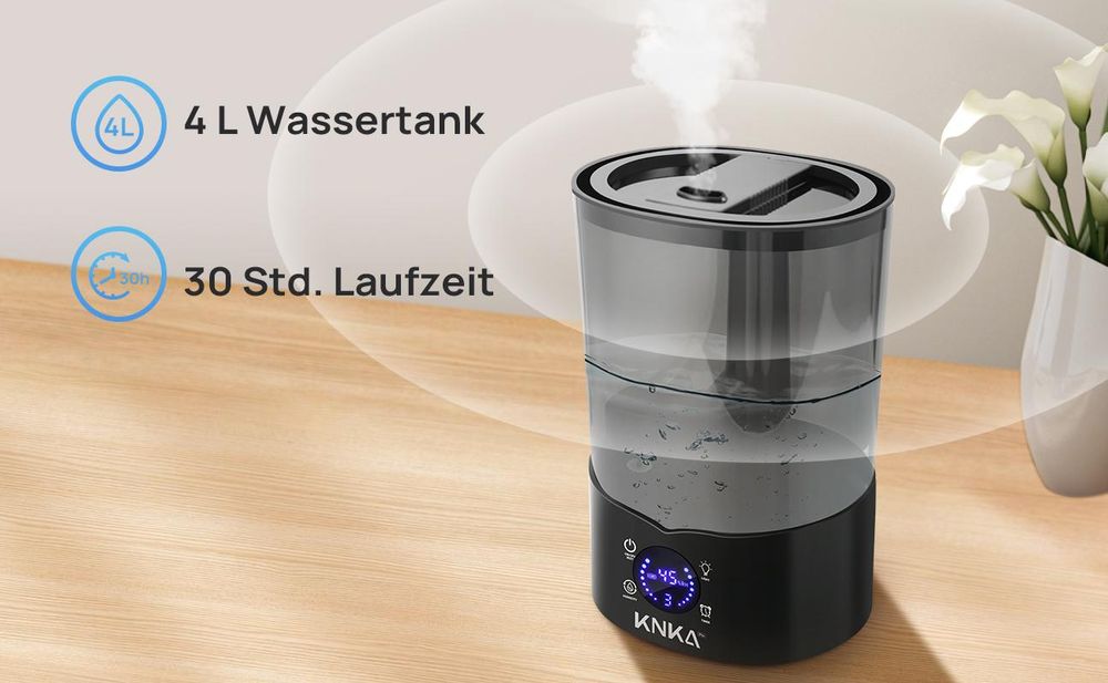 KNKA Luftbefeuchter Schlafzimmer, 4L Top-Fill Humidifier bis zu 30H, BPA-Frei, 30dB Leise Klein Raumluftbefeuchter für Kinderzimmer, Pflanzen, Schwarz