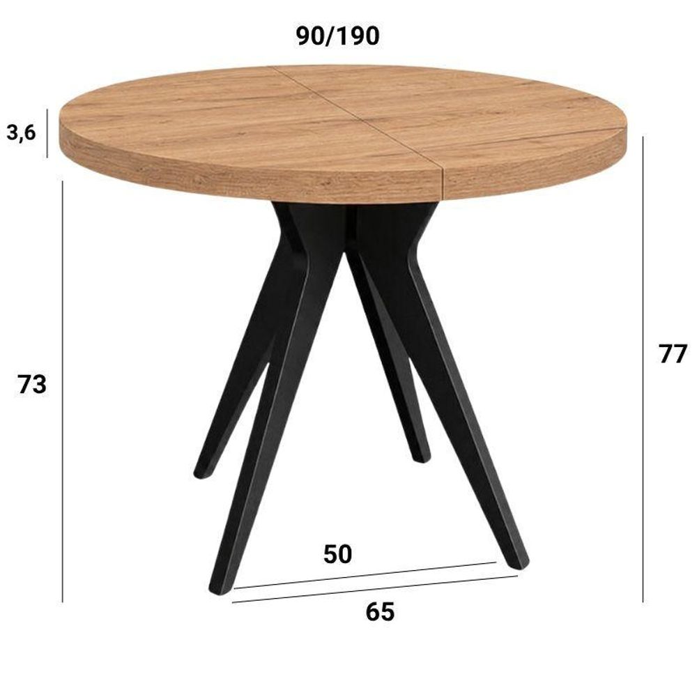 Wohnzimmer Esstisch VENTO runder Tisch 90 cm, ausziehbar auf 190 cm, für Küche, Esszimmer, Wohnzimmer, Eiche Sonoma/Weiss