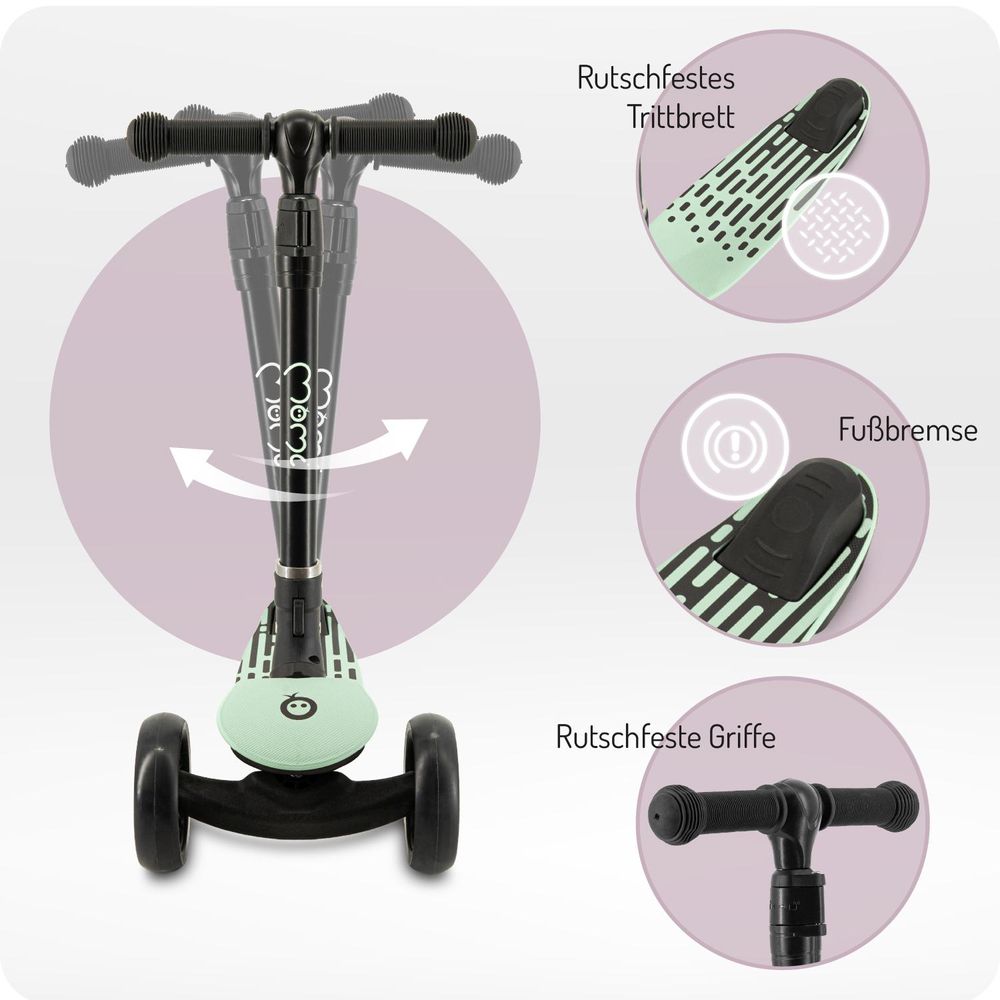 MoMi SAN 2-in-1 3-Rad-Kinderroller – höhenverstellbarer Lenker 60/66/72 cm, klappbar, LED-Räder, ABEC-7, Trittbremse, 2,7 kg