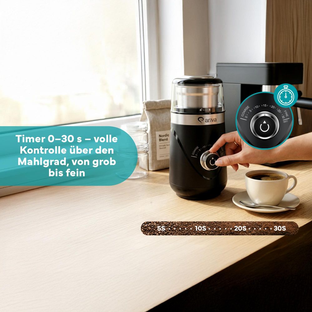 ARIVA Kaffeemühle mit herausnehmbarem Edelstahlbehälter.