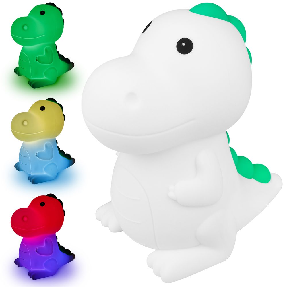 Drei farbige LED-Dinosaurier-Nachtlichter und ein weißes auf weißem Hintergrund.