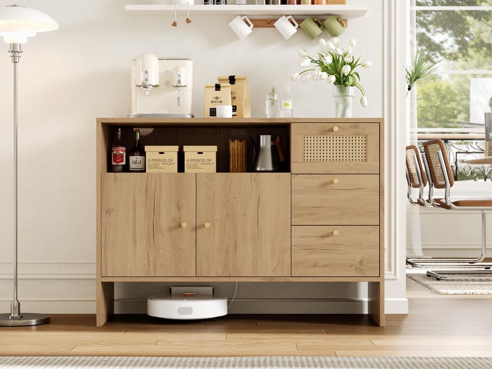 Merax Sideboard Kommode, Küchenschrank mit Rattanfront, 2 Türen, 3 Schubladen, Stauraumschrank für Wohnzimmer & Küche, 105x40x76 cm, Natur