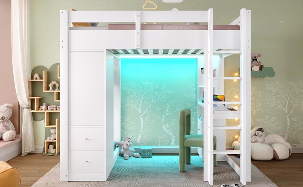 Merax Etagenbett Hochbett 90x200cm mit 4 Schubladen, Stauraumschrank, Schreibtisch, Offenem Kleiderschrank, LED-Licht, USB, Kinderbett Stockbett, Weiß