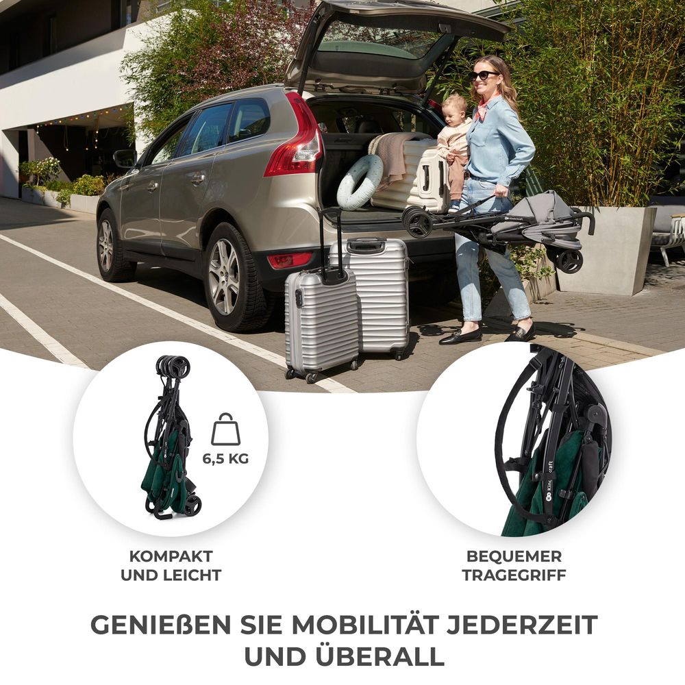Kinderkraft TIK - Spazierbuggy Regenschirm - ultraleicht (6,5 kg) - zusammenklappbar - Liegeposition - nicht durchstoßbare Reifen - Grün