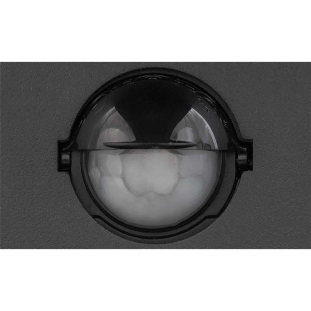 Schwarzer PIR-Sensor zur Bewegungserkennung, runde Form, Linse sichtbar.