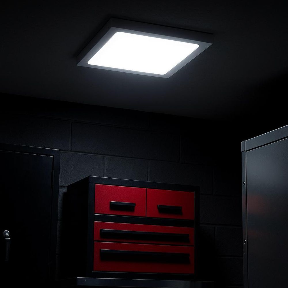 Quadratische LED-Deckenleuchte in Werkstatt mit schwarzer Wand und rotem Werkzeugschrank.