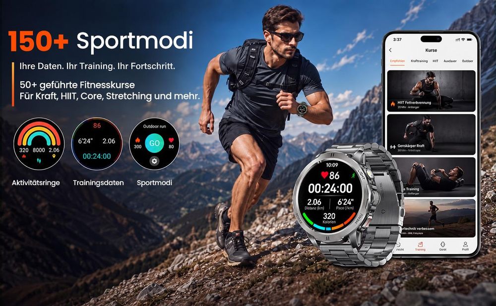 2026 Herren Militär-Smartwatch mit 1,85" AMOLED und 75 Tagen Standby Smartwatch Herren-Fitnessuhr, mit IP68+5ATM, 24/7 Herzfrequenz, SpO₂, Blutdruck
