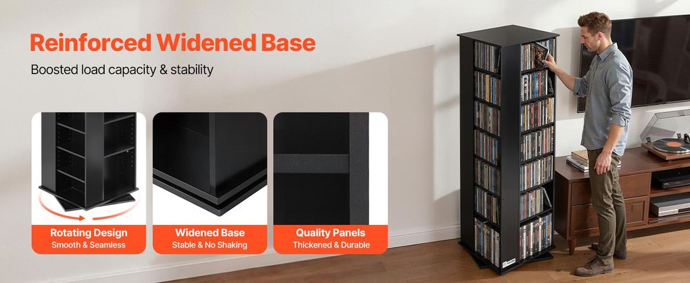 VEVOR DVD-Drehregal mit 34 Fächern, Einstellbares Medienregal Standregal 475 x 475 x 1636 mm, Platzsparendes Aufbewahrungsregal für CDs DVDs Bücher Spiele-Discs, Wohnzimmer Homeoffice, Schwarz