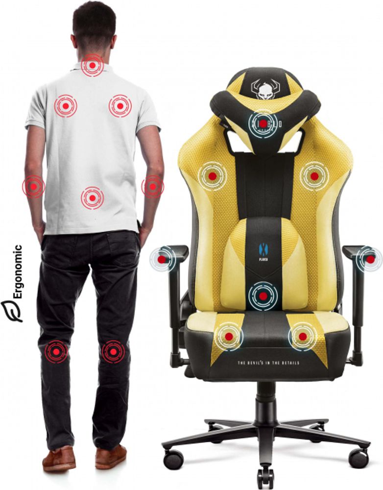 Diablo X-Player Gaming Stuhl Bürostuhl Schreibtischstuhl Stoff 3D Armlehnen Ergonomisches Design Nacken/- Lendenkissen (Dark Sunflower, XL)