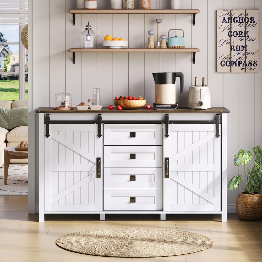 Merax Sideboard Kommode 137 cm mit 4 Schubladen und Schiebetüren, Buffetschrank in Weiß aus MDF, Vintage-Stil, Landhausdesign für Küche & Wohnzimmer