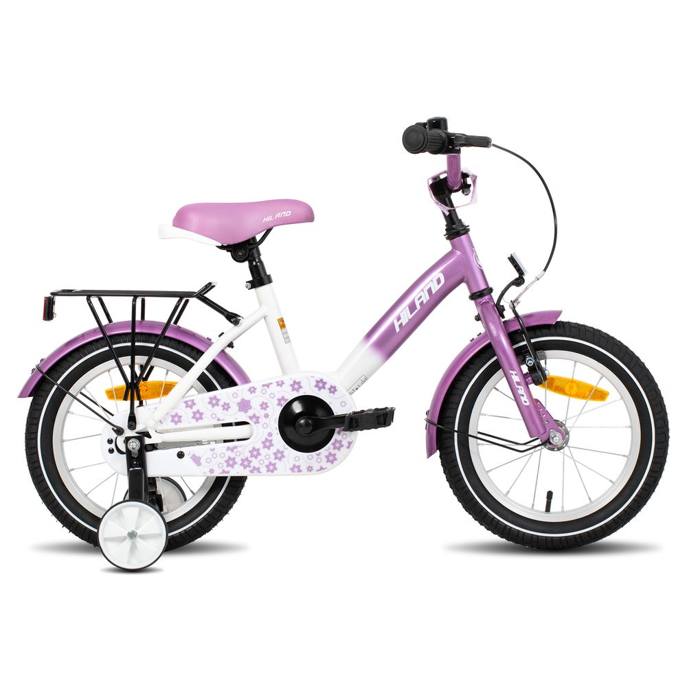 HILAND Starry 16 Zoll Kinderfahrrad für Mädchen ab 3 4 5 6 7 Jahren, mit Stützräder, Gepäckträger, Klingel, Handbremse und Rücktrittbremse, Rosa