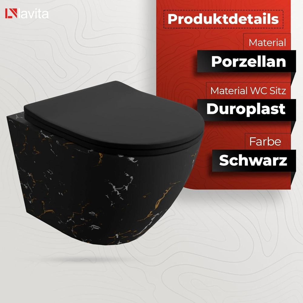 Lavita LAV 101 Vorwandelement für WC 40cm + Wand Hänge Tiefspül WC SOFI SLIM FIRE Schwarz Spülrandlos + Bedienplatte LAV 200.4.4 Schwarz | Komplettset | Unterputz Spülkasten | Toilette Komplett Sett