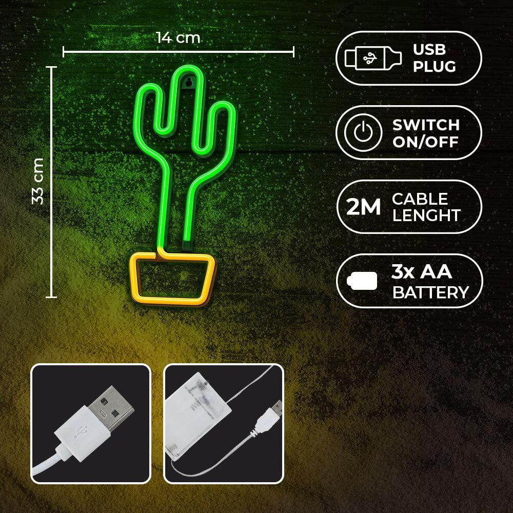 Neon LED Wandleuchte KAKTUS orange/grün Bat + USB FLNEO2 T-90839 PLASTROL