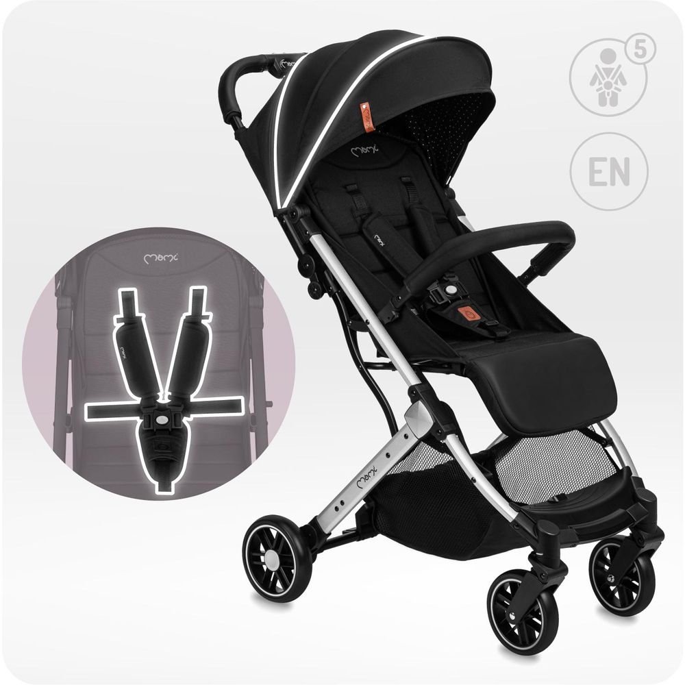 MoMi ESTELLE LIGHT – Ultraleichter Baby Kompaktbuggy 7,7 kg mit Einhand-Faltung, Trolley-Funktion & XL-Dach, ideal für Reisen – Schwarz/Silber