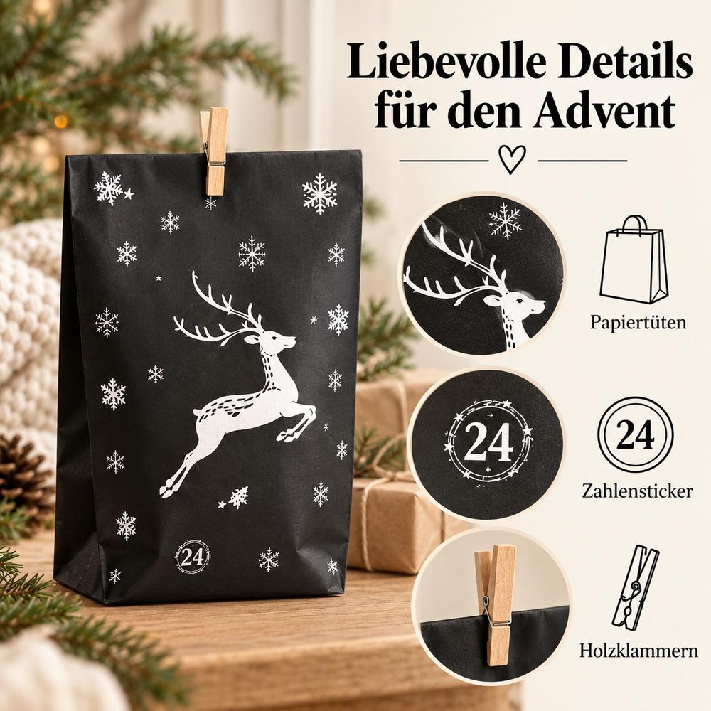 Details von Weihnachtsmotiv, Papiertüte, Zahlensticker und Holzklammer