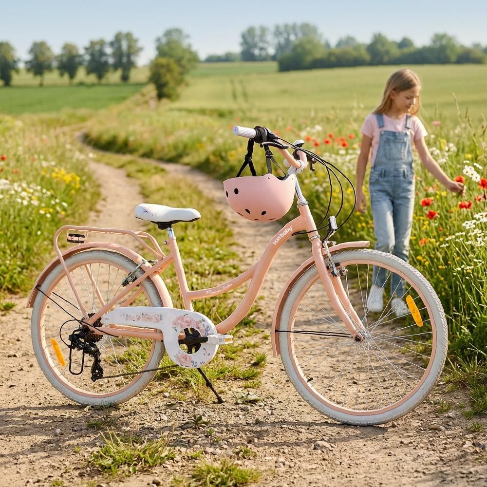 Bicicleta SUN BABY aparcada en un camino rural con una niña cerca