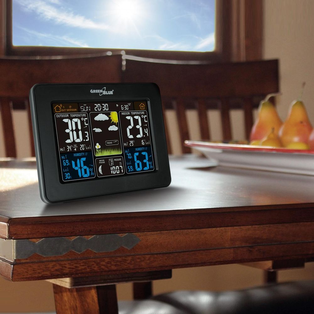 Wetterstation Alarm Wecker Farbdisplay Innen Außen Temperatur GreenBlue GB523