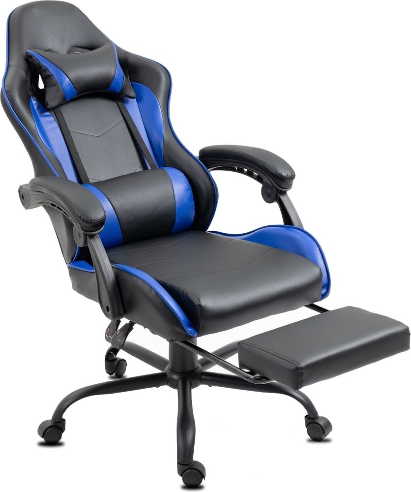 Delman Bürostuhl Gaming Stuhl Massage Gaming Sessel Ergonomischer mit Fußstütze Kopfstütze Massage-Lendenkissen Gaming Chair Drehsessel 02-0042 Blau