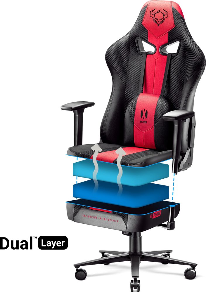 Diablo X-Player Gaming Stuhl Bürostuhl Schreibtischstuhl Stoff 3D Armlehnen Ergonomisches Design Nacken/- Lendenkissen Farbe: Anthrazit-Rot, Größe: King