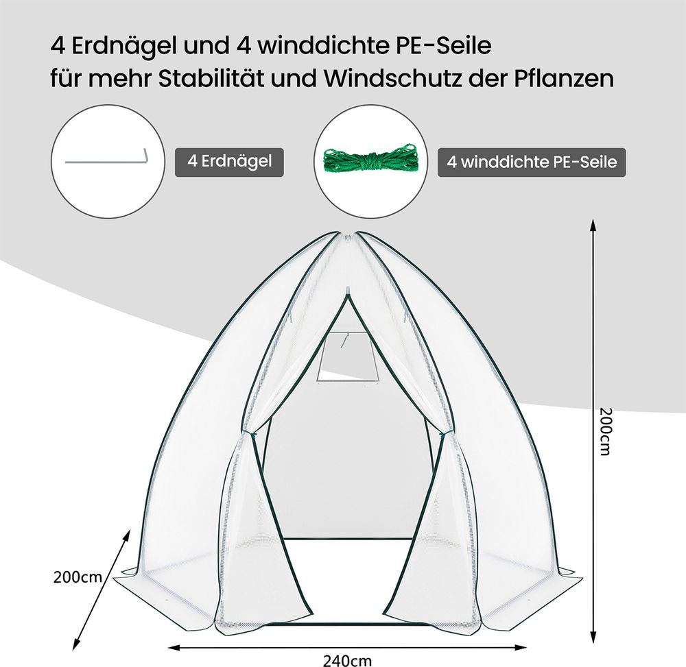 WOLTU Gewächshaus, Foliengewächshaus PE halbtransparente Weiß, 240x200x200 cm