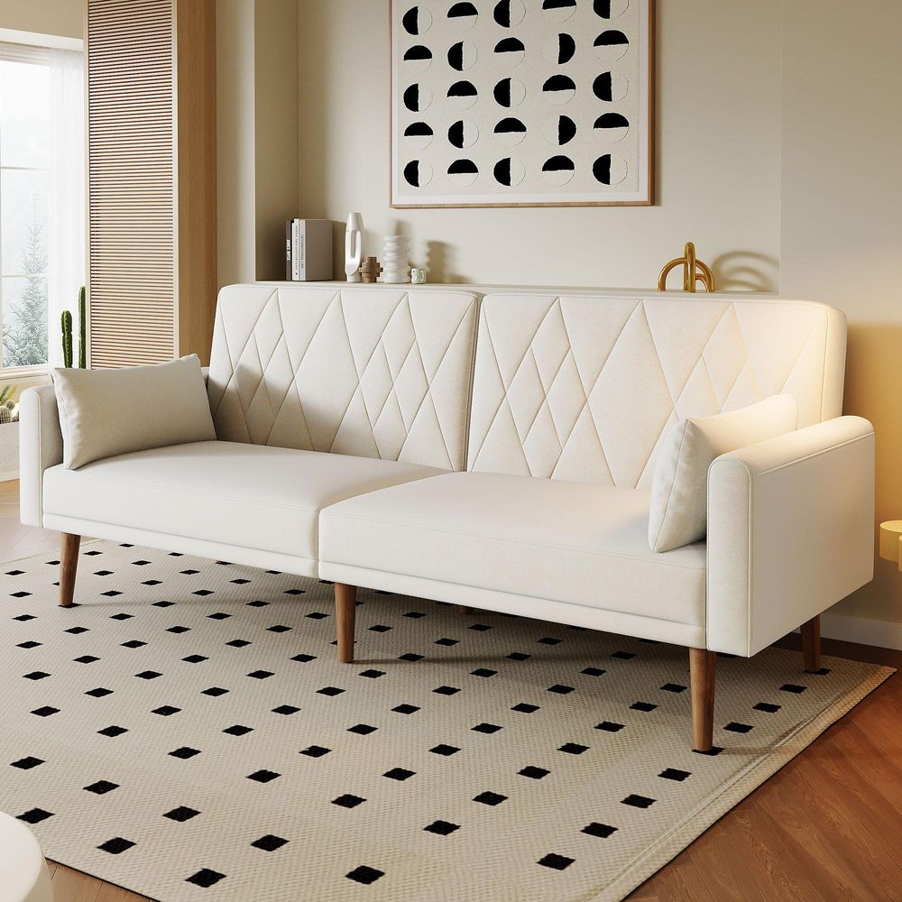 STILVORA Schlafsofa mit 2 Kissen und verstellbare Rückenlehne,Zweisitzer mit Schlaffunktion und Hilfsfuß,Klappsofa aus Samtstoff,Beige