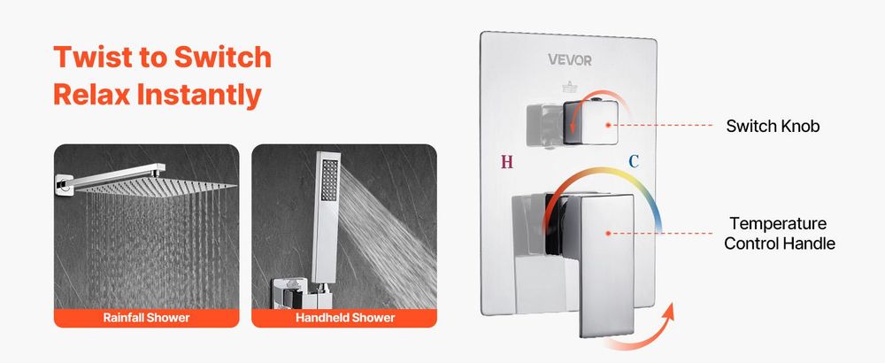 VEVOR Duscharmatur Regenduschsystem fürs Badezimmer Duschsystem mit 305 mm quadr