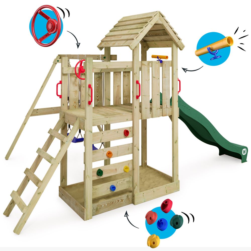 Spielturm Wickey MultiFlyer mit Holzdach und Schaukel in Grün