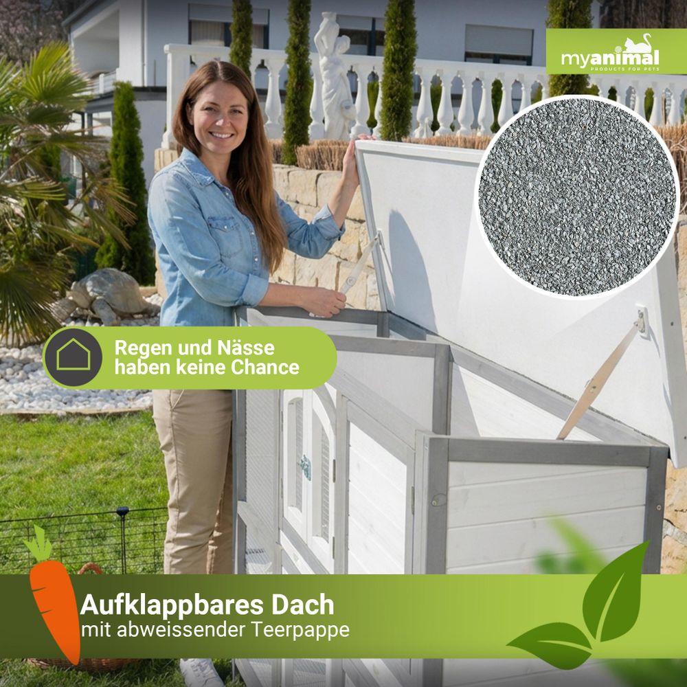 MyAnimal Hasenstall MH-02 | Hasenkäfig Zweistöckig - Kaninchenstall - 4 Türen - Kleintier Stall - Kaninchen - Hasen - Dach zum Öffnen (Grau/Weiß)