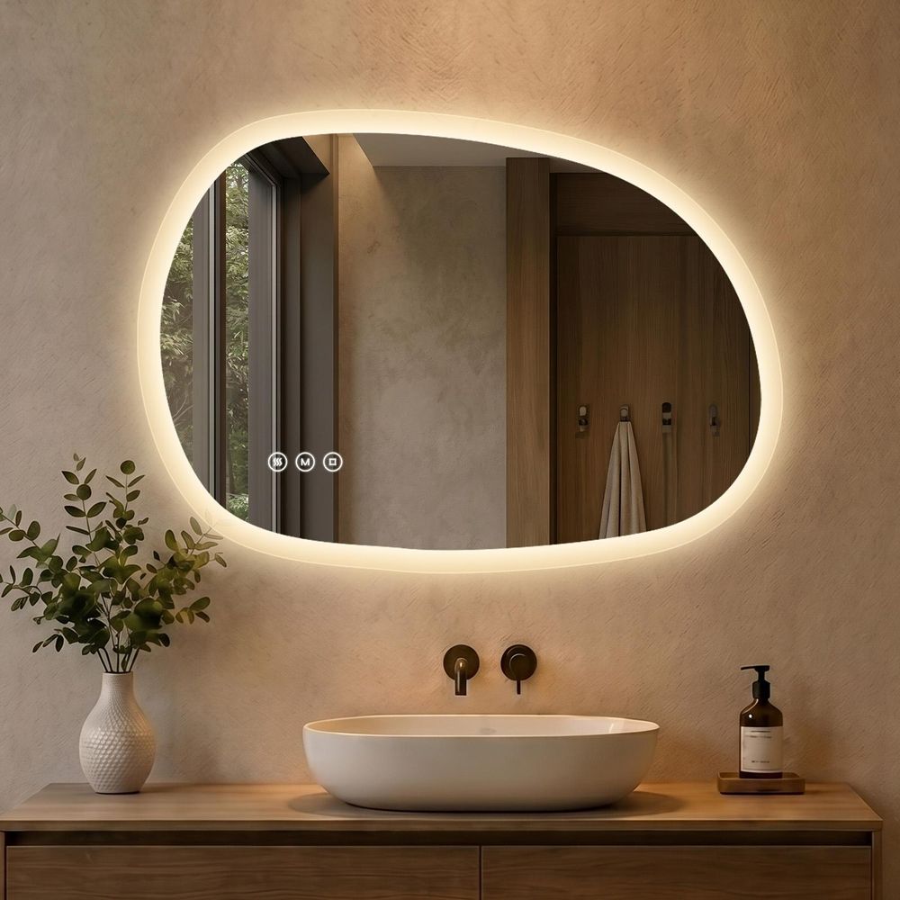 Specchio da bagno illuminato S'AFIELINA, 60x80 cm, specchio LED asimmetrico, senza cornice, 3 tonalità di luce, dimmerabile, antiappannamento, funzione di memoria
