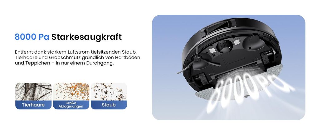 Proscenic Q010 Staubsauger Robot mit Wischfunktion,8000Pa, 200 min, Alexa,Google Home, Siri oder IFTTT, 360° LiDAR-Navigation,Selbstentleerungsstation