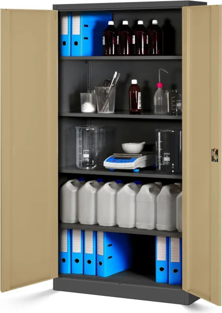 Aktenschrank Büroschrank Metallschrank Stahlschrank Werkzeugschrank Stahlblech Pulverbeschichtet Flügeltürschrank Abschließbar 195 cm x 90 cm x 40 cm Farbe: Anthrazit/Holzoptik