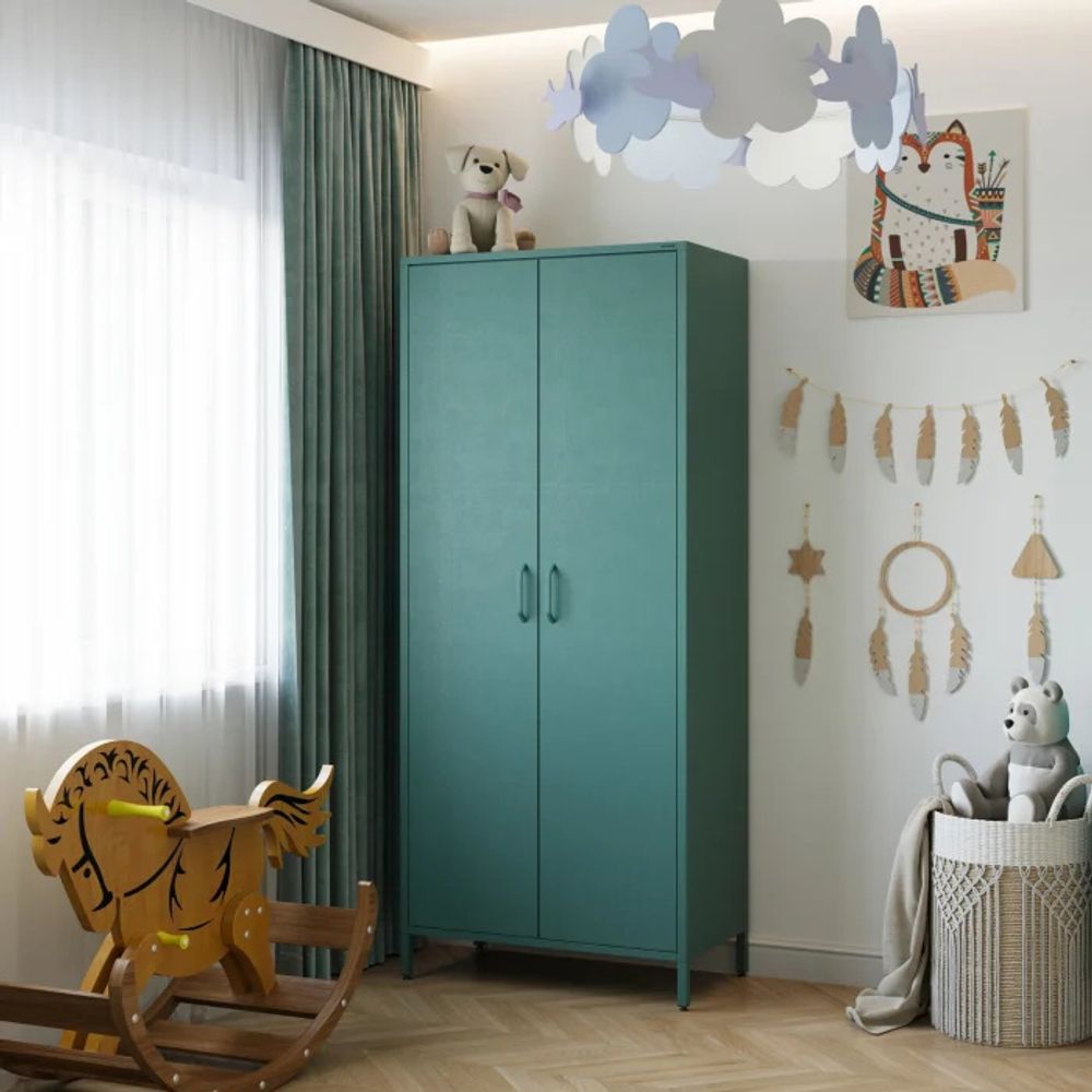Jan Nowak Kleiderschrank 2 Türig, Metallschrank Glitzernd - Flavio | Ablagen, Kleiderstange, Magnetverschluss | 80 x 185 x 45 cm | Marine