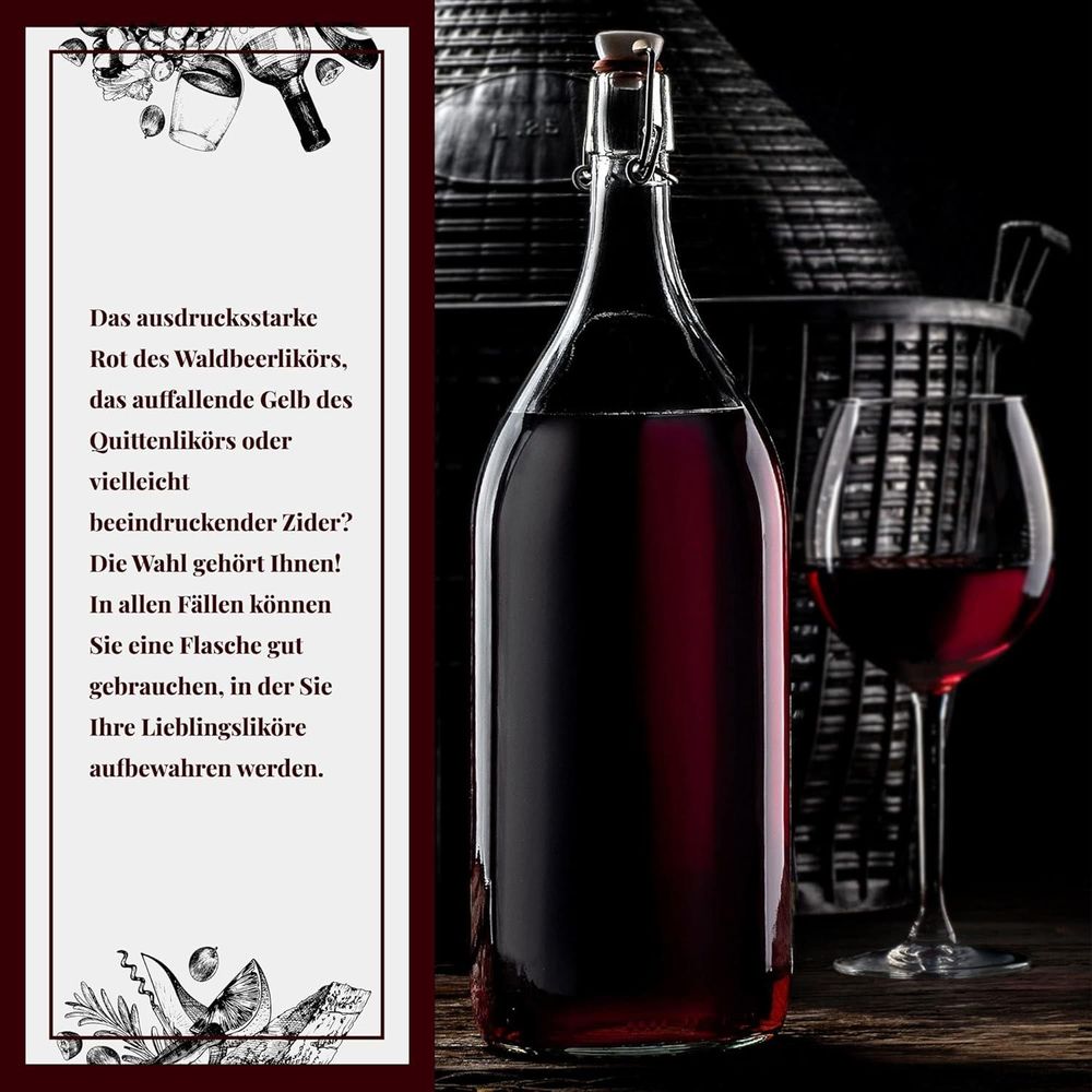 KADAX Glasflasche "Torano", Flasche, Likörflaschen, Ölflasche, Essigflasche, 2L, 6 Stück