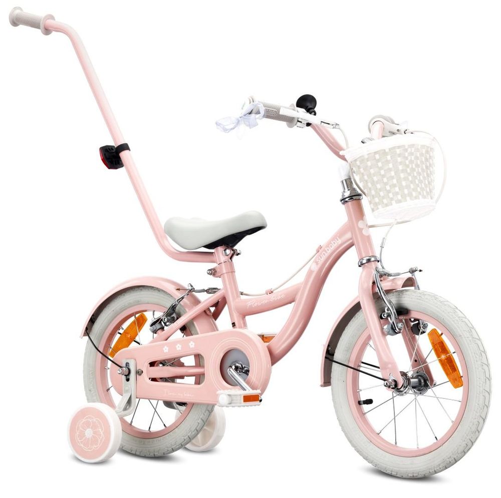 Bicicleta infantil rosa con asiento acolchado y barra de empuje, vista trasera.