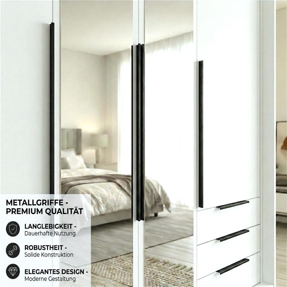 Geräumiger vier-türiger Kleiderschrank VIVO mit Schubladen und Metallgriffen – modernes Design