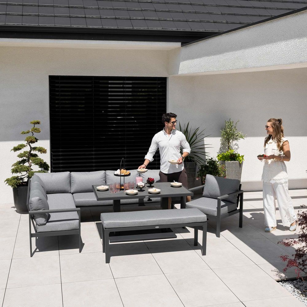 di volio Gartenmöbel Set Noli – grau, Outdoor Lounge aus Aluminium mit höhenverstellbarem Kunstholz–Tisch, wetterfest & bequem für 10 Personen