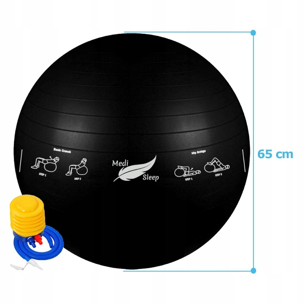 Gymnastikball 65 cm mit Luftpumpe - Sitzball, Trainingsball, Yogaball, Pilatesball - Fitnessball für Core Training mit gezeichneten Übungen - Schwarz
