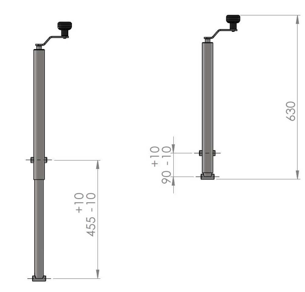 UNITRAILER Kurbelheber kippbar 1000 kg, Hub 500-865 mm, Rohr 42 mm, Kurbel oben, verzinkt, für Kippanhänger und Autotransporter