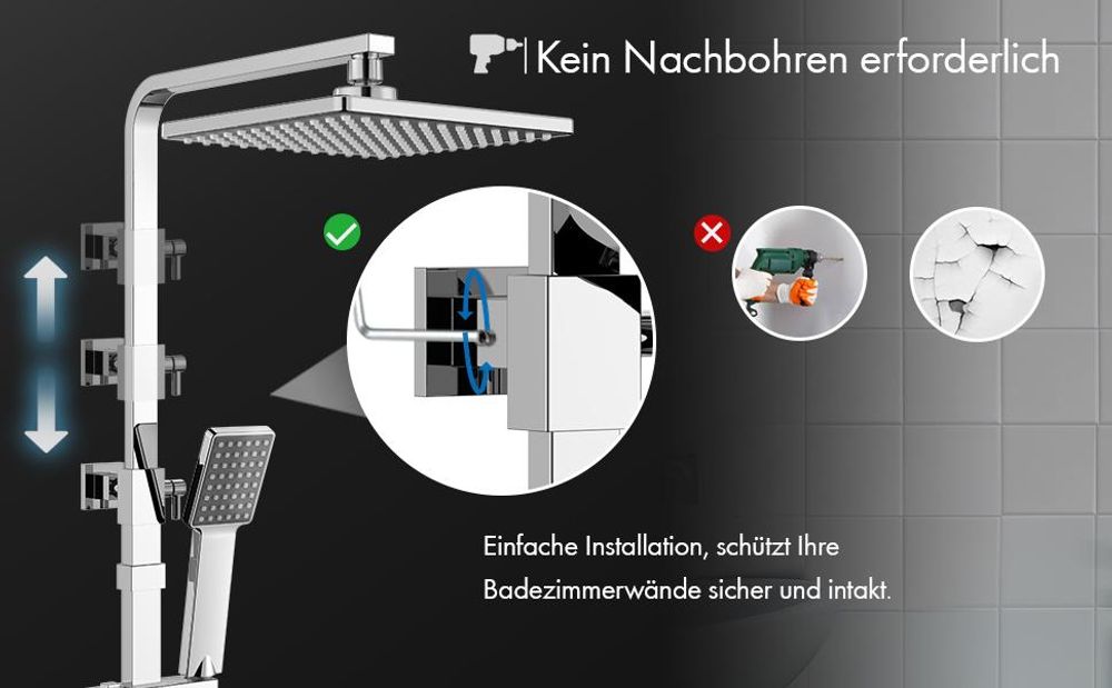 Homelody Duschsystem mit Thermostat,Regendusche Duschsäule Quadratische, Chrom-Duschset,Handbrause,Duschstange Dusche,Duscharmatur fur Duschkabine