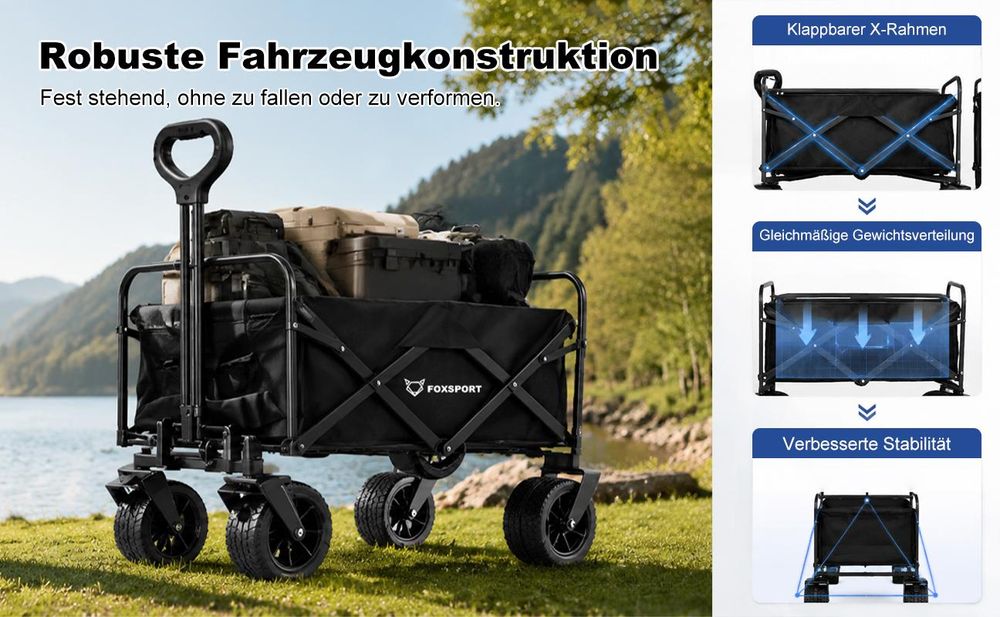 FOXSPORT Bollerwagen Faltbar, Handwagen bis 100kg belastbar, mit verstellbarer Griff, Gartenwagen für Strand, Garten, Einkäufe, 94 x 58 x 59CM,Schwarz