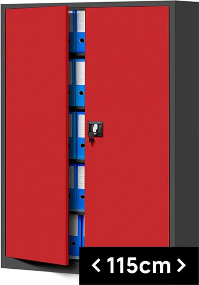 Büroschrank Aktenschrank XXL Metallschrank Flügeltüren Stahlblech Pulverbeschichtung 185 cm x 115 cm x 40 cm Farbe: Anthrazit-rot
