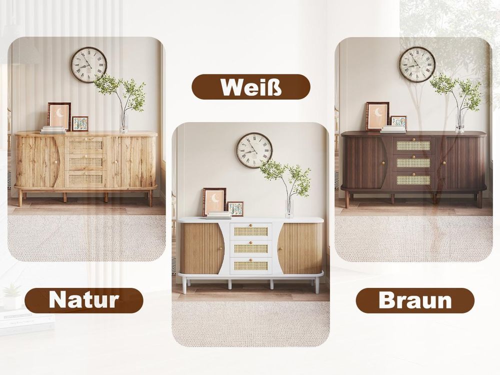 okwish Sideboard in Holzoptik mit Schiebetüren, Aufbewahrungsschrank mit verstellbaren Einlegeböden und abgerundeter Platte,Kommode mit Rattan