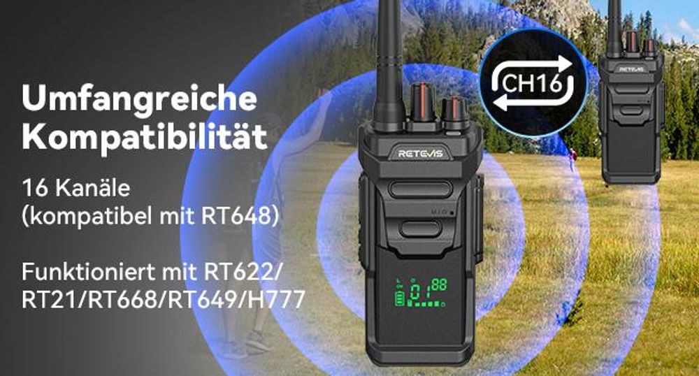 Retevis RT648H Walkie Talkie Wandern, IP67, Integriertes Display, Typ-C/Basisladung, 1500 mAh, Alarm, Funkgerät mit Großer Reichweite für Outdoor