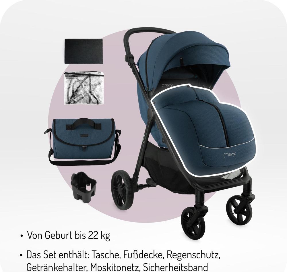 MoMi CLARA Buggy Kinderwagen bis 22 kg - Tasche, Moskitonetz, Regenschutzfolie, Becherhalter, Fußdecke